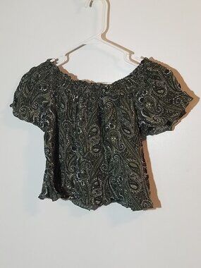 Green Paisley Boho Off Shoulder Crop Top Sz XS